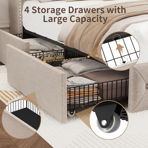 Queen Size Bed Frame with Storage Drawers and Wingback Headboard Linen Upholstered Platform Bed Frame Tufted Beds with Heavy Duty Wood Slats, Noise Free, Easy Assembly, Beige