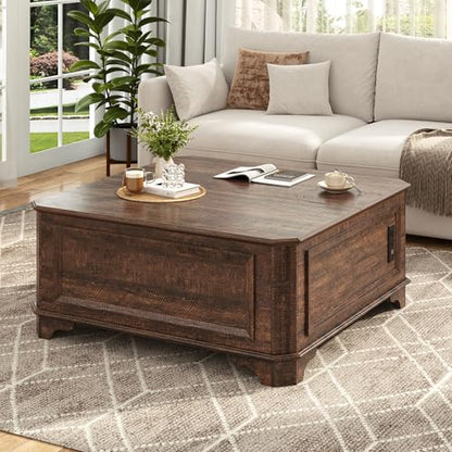 40 Inch Coffee Tables for Living Room Farmhouse Lift Top with Charging Station and Hidden Storage - Square Center Table with Adjustable Lifting Top and Large Storage for Bedroom, Home Office, Brown