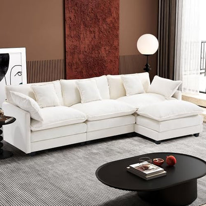 111.4" L Shaped Modern Sofa Modular Sectional Cloud Couch with Ottoman, 4-Seat Chenille Deep Seat Sofa with Pillow for Living Room, Bedroom and Apartment, Beige