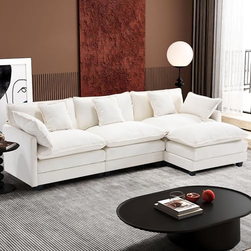111.4" L Shaped Modern Sofa Modular Sectional Cloud Couch with Ottoman, 4-Seat Chenille Deep Seat Sofa with Pillow for Living Room, Bedroom and Apartment, Beige