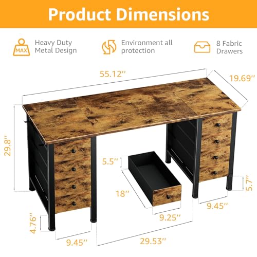 DLisiting Home Office Desk with Drawers for Storage - 55 inch Computer Desk with 8 Fabric Drawer, Writing Study Work Desks with Drawers on Both Sides for Bedroom