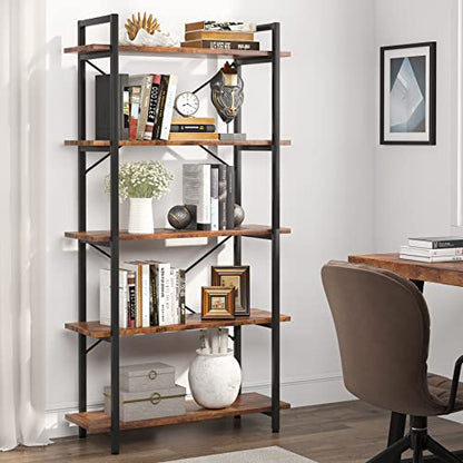 Tribesigns 5 Tier Bookshelf, Industrial Etagere Bookcase with Heavy-Duty Metal Frame, Rustic Tall Book Shelf Unit for Living Room, Study, Home Office (1, Rustic)