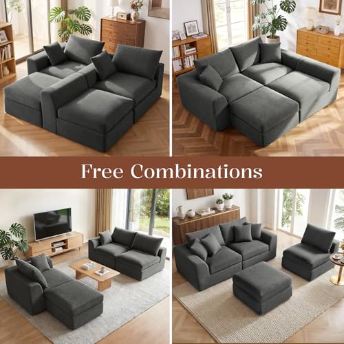 110" Cloud Sectional Couches for Living Room, L-Shaped Convertible Sofa, 3-Seat Modular Boneless Couch with Movable Ottoman, Dark Grey