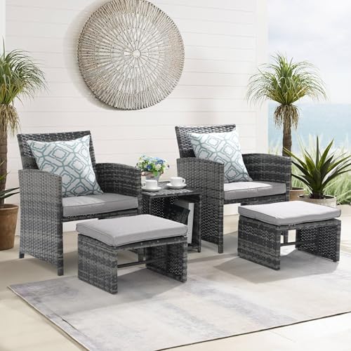 5 Piece Patio Furniture Set, Wicker Outdoor Conversation Chair and Ottoman Set with Coffee Table, Pillows Included, for Balcony, Porch, Deck, Light Grey