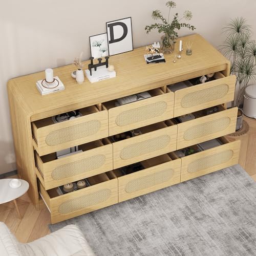 Rattan Dresser for Bedroom, 9 Drawer Dresser with Charging Station, Farmhouse Wood Chest of Drawer with Strong Base, Storage Organizer for Living Room, Hallway, Natural