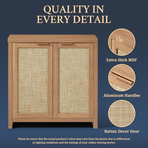Hampstead Storage Sideboard Cabinet with Rattan Doors and Adjustable Shelves, Buffet Kitchen Cabinet Cupboard Console for Living Room