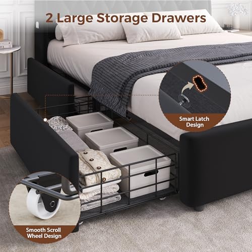 King Size Bed Frame with 2 Storage Drawers & Hidden Headboard, view 6