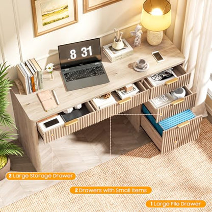 59" Fluted Executive Desk with Adjustable File Drawer, Oak, view 4