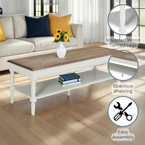 French Country Coffee Table 48" - 2 Tier Farmhouse, Transitional Center Accent with Storage Shelf for Classic, Transitional Living & Family Room, Driftwood/White