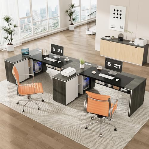 71" Executive Desk with Storage Cabinet, Modern L-Shaped Office Desk with Bookshelf, Storage Shelves, CPU Stand & Cable Management, Large Computer Workstation for Home Office (Gray)