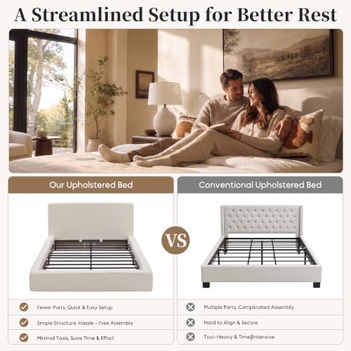 Queen Upholstered Platform Boneless Cloud Bed Frame with Headboard, Beige, view 5