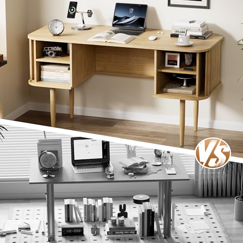 55" Modern Writing Desk with Sliding Doors, Wood Home Office Desk with Storage, Computer Desk for Study, Living Room, Dorm, Natural