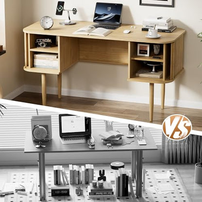 55" Modern Writing Desk with Sliding Doors, Wood Home Office Desk with Storage, Computer Desk for Study, Living Room, Dorm, Natural