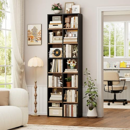 71'' Tall Bookshelf with 14 Cubes, 7 Tier Double Wide Wood Bookshelf with 6 Adjustable Shelves, 19.6" Narrow Bookcase DVD/CD Media Storage, Space Saving Display Shelf Cabinet, Black/Brown