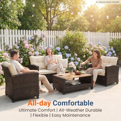 4 Piece Patio Furniture Set, Wicker Outdoor Patio Conversation Furniture Set, All Weather Outdoor Patio Sofa with Cushion and Wood Table, Beige Wood