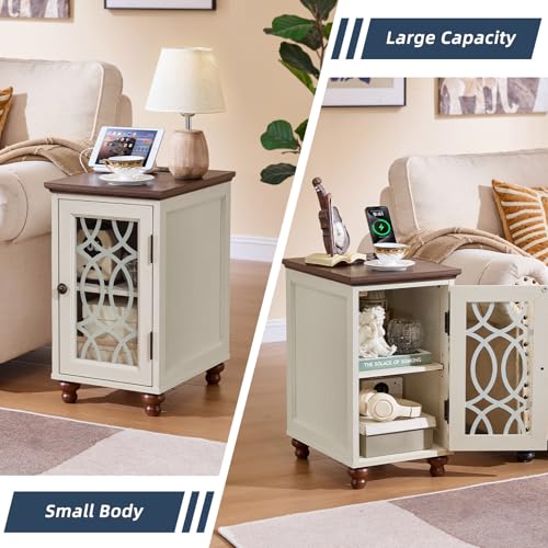 Narrow Side Table with Charging Station, Night Stand with Glass Door, Bedside End Tables with Adjustable Shelf Storage Cabinet,Wood Nightstand for Small Spaces Living Room Bedroom