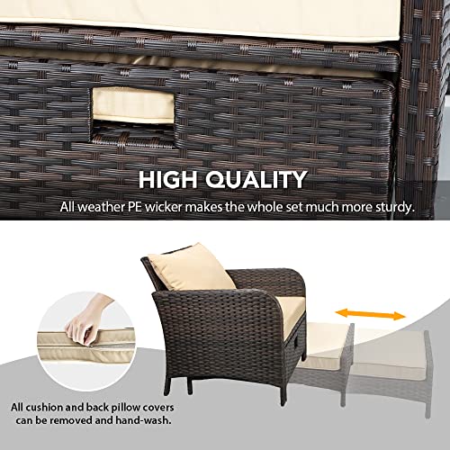 Balcony Furniture 5 Piece Patio Conversation Set, PE Wicker Rattan Outdoor Lounge Chairs with Soft Cushions 2 Ottoman&Glass Table for Porch, Lawn-Brown Wicker
