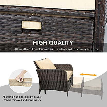 Balcony Furniture 5 Piece Patio Conversation Set, PE Wicker Rattan Outdoor Lounge Chairs with Soft Cushions 2 Ottoman&Glass Table for Porch, Lawn-Brown Wicker