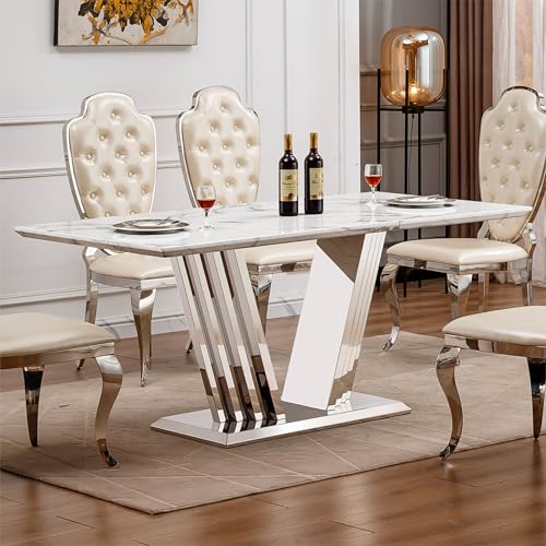 Marble Dining Table for 6 People, 70'' Rectangle Faux Marble Dining Table with Mirrored Stainless Steel Base, Large Size Marble Kitchen Table (Silver,White)(only Table)