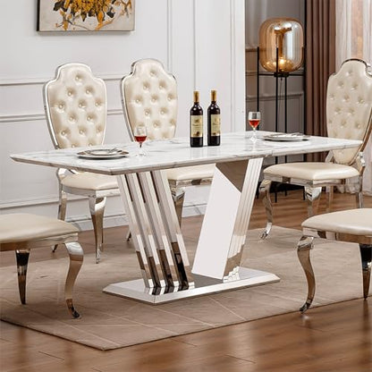 Marble Dining Table for 6 People, 70'' Rectangle Faux Marble Dining Table with Mirrored Stainless Steel Base, Large Size Marble Kitchen Table (Silver,White)(only Table)