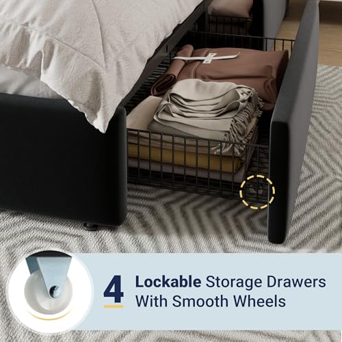 Modern King Size Platform Bed Frame with 4 Storage Drawers, view 6