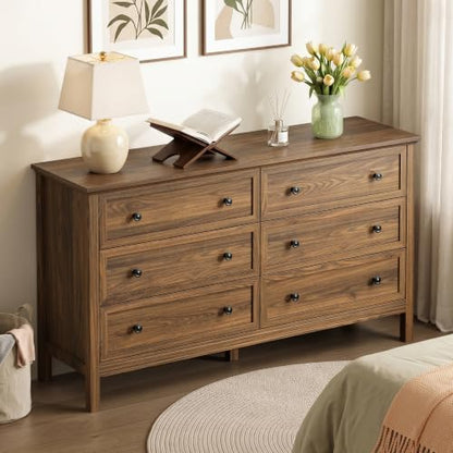 Walnut 6 Drawer Dresser for Bedroom, 55" Wood Chests of Drawers for Hallway, view 5