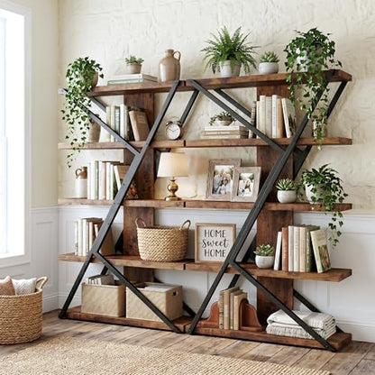 5-Tier Industrial Bookshelf, Tall Wood and Metal Bookcase,Brown, view 4
