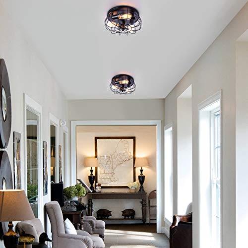 Industrial Black Semi Flush Mount Ceiling Light 3-Light Rustic Ceiling Lamp Fixture with Metal Cage for Kitchen Living Room Dining Room Bedroom Hallway
