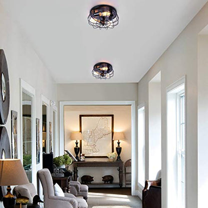 Industrial Black Semi Flush Mount Ceiling Light 3-Light Rustic Ceiling Lamp Fixture with Metal Cage for Kitchen Living Room Dining Room Bedroom Hallway