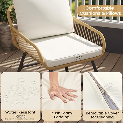 Yaheetech 3 Piece Patio Bistro Set, Outdoor Wicker Bistro Furniture Sets | 2 Rattan Chairs and Glass Top Table for Patio, Balcony, Porch, Poolside, Backyard, Tan/Cream