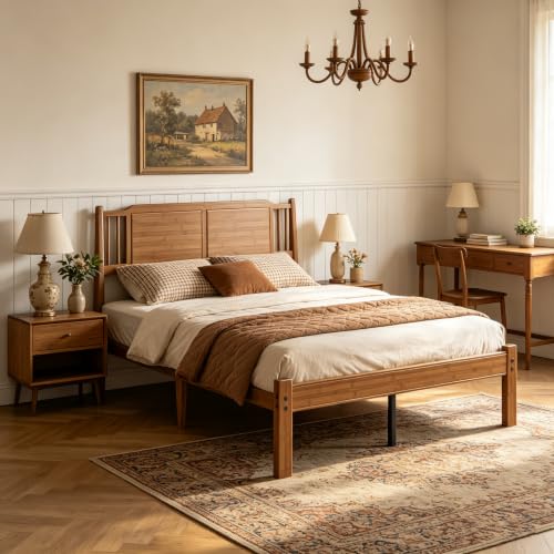 Bamboo Full Bed Frame with Farmhouse Headboard, Warm Brown Color, view 2