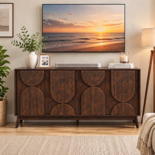 63 Inch Mid Century Modern Fluted Sideboard Buffet Cabinet Dark Walnut, view 6