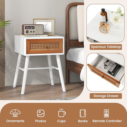 Rattan Nightstand Set of 2, Mid Century Modern End Table with Handwoven Rattan Decorated Drawer, Bedside Table with Solid Wood Legs for Bedroom and Living Room, Boho Night Stand, White