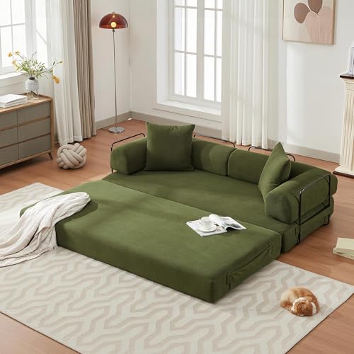 Convertible Sleeper Sofa Bed with Cylindrical Pillow, Corduroy Folding Mattress Couch with Fixed-Shape Frame, Floor Sofa Lounge Couch for Living Room Bedroom Lounge Studio-Green