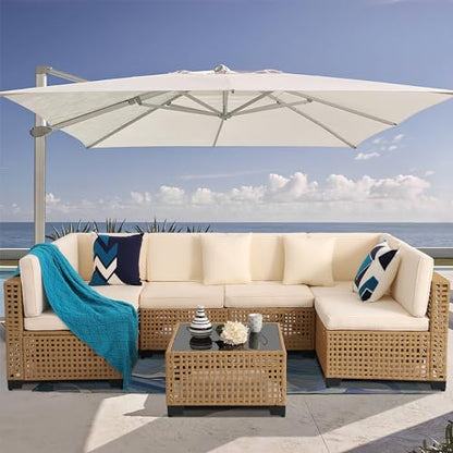 7-Piece Patio Furniture Set, All-Weather PE Rattan Outdoor Sectional Sofa, Modular Wicker Conversation Set with Thick Cushions & Easy-Clean Coffee Table（Yellow/White）