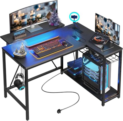 42-Inch L-Shaped Computer Desk with Charging & LED, Black, view 2