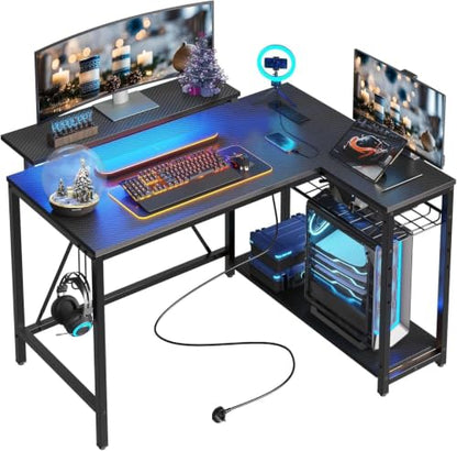 42-Inch L-Shaped Computer Desk with Charging & LED, Black, view 2