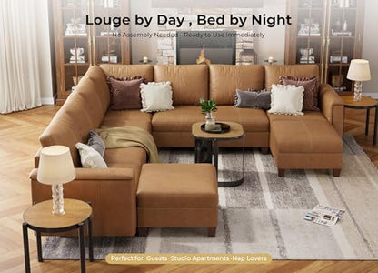 Faux Leather Modular Sectional Sofa with Storage, Mid Century Modern Sectional Couches for Living Room, 113" Wide 9 Seat V Shaped Sectional Couch with Chaise, Brown