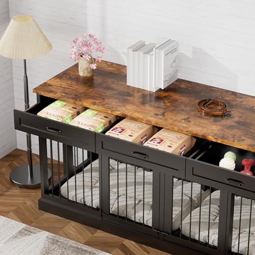 71 inches Double Furniture Style Dog Crate with 3 Drawers Indoor Wooden Dog, view 5