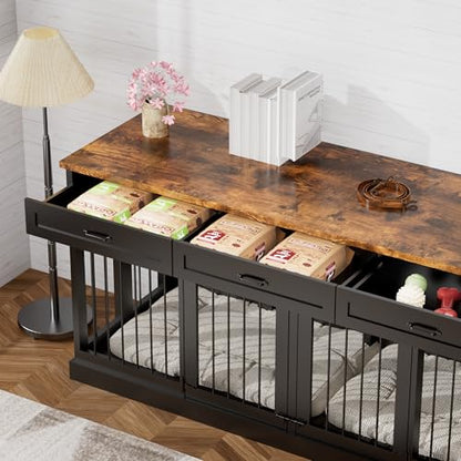 71 inches Double Furniture Style Dog Crate with 3 Drawers Indoor Wooden Dog, view 5