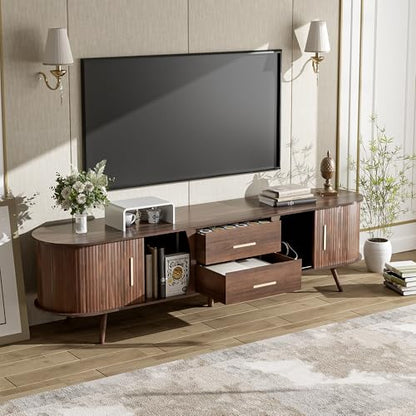 70" Fluted TV Stand for TVs Up to 80", Mid Century Entertainment Center with Sliding Tambour Doors and Drawers, Modern Curved Media Console with Storage for Living Room, Walnut