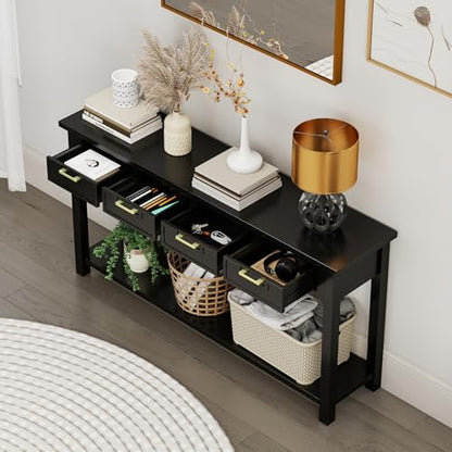 Console Table for Entryway, 60 Inch Sofa Table w/4 Drawers and Bottom Shelf Narrow Long Hallway Table for Living Room Entryway Home, Black