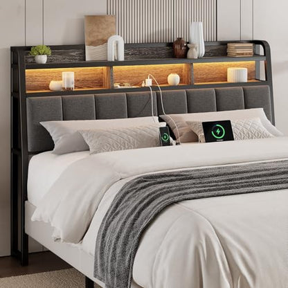Ergonomic Headboard Queen Size with 2-Tier Storage, Black & Grey, view 2