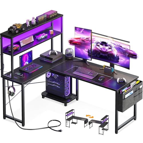 L Shaped Desk Gaming Desk with LED Light & Power Outlet, view 2