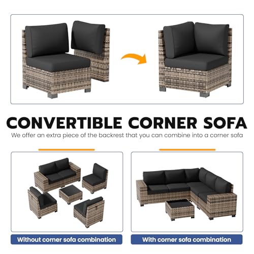 Patio Furniture Set, Wide Armrest Outdoor Furniture Set with Thick Cushions, 6 Piece Wicker Rattan Patio Sectional Sofa for Backyard, Poolside, Garden