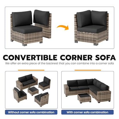 Patio Furniture Set, Wide Armrest Outdoor Furniture Set with Thick Cushions, 6 Piece Wicker Rattan Patio Sectional Sofa for Backyard, Poolside, Garden