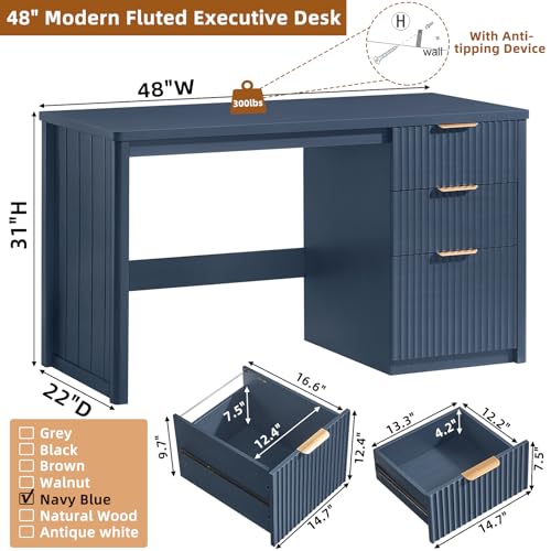 Office Desk 48" with 3 Drawers Storage File Cabinet Wood Fluted Desk for Computer Office Bedroom Home Furniture Blue