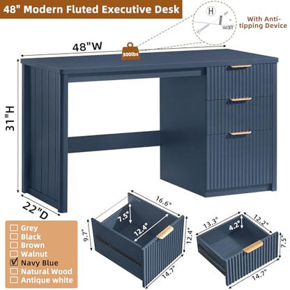 Office Desk 48" with 3 Drawers Storage File Cabinet Wood Fluted Desk for Computer Office Bedroom Home Furniture Blue
