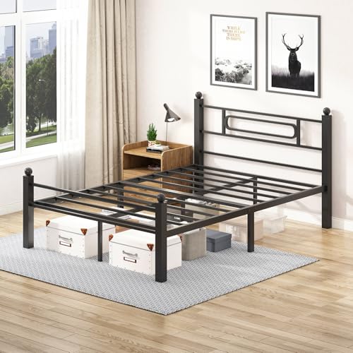 Black Metal Full Size Bed Frames with Headboard, Heavy-Duty Metal Slats Support, view 5