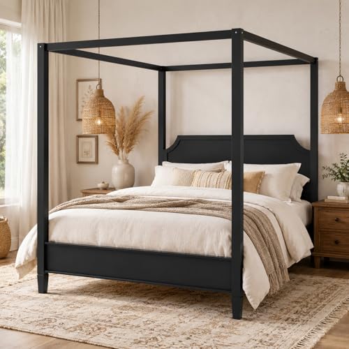 Queen Wooden Canopy Platform Bed Frame with Headboard, view 2